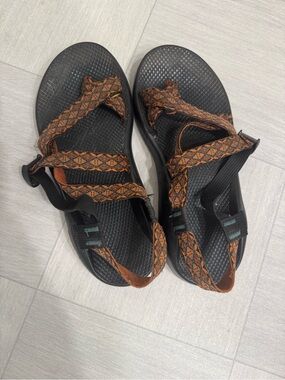 Chaco Men's Black Sandals with Orange & Brown Patterned Straps